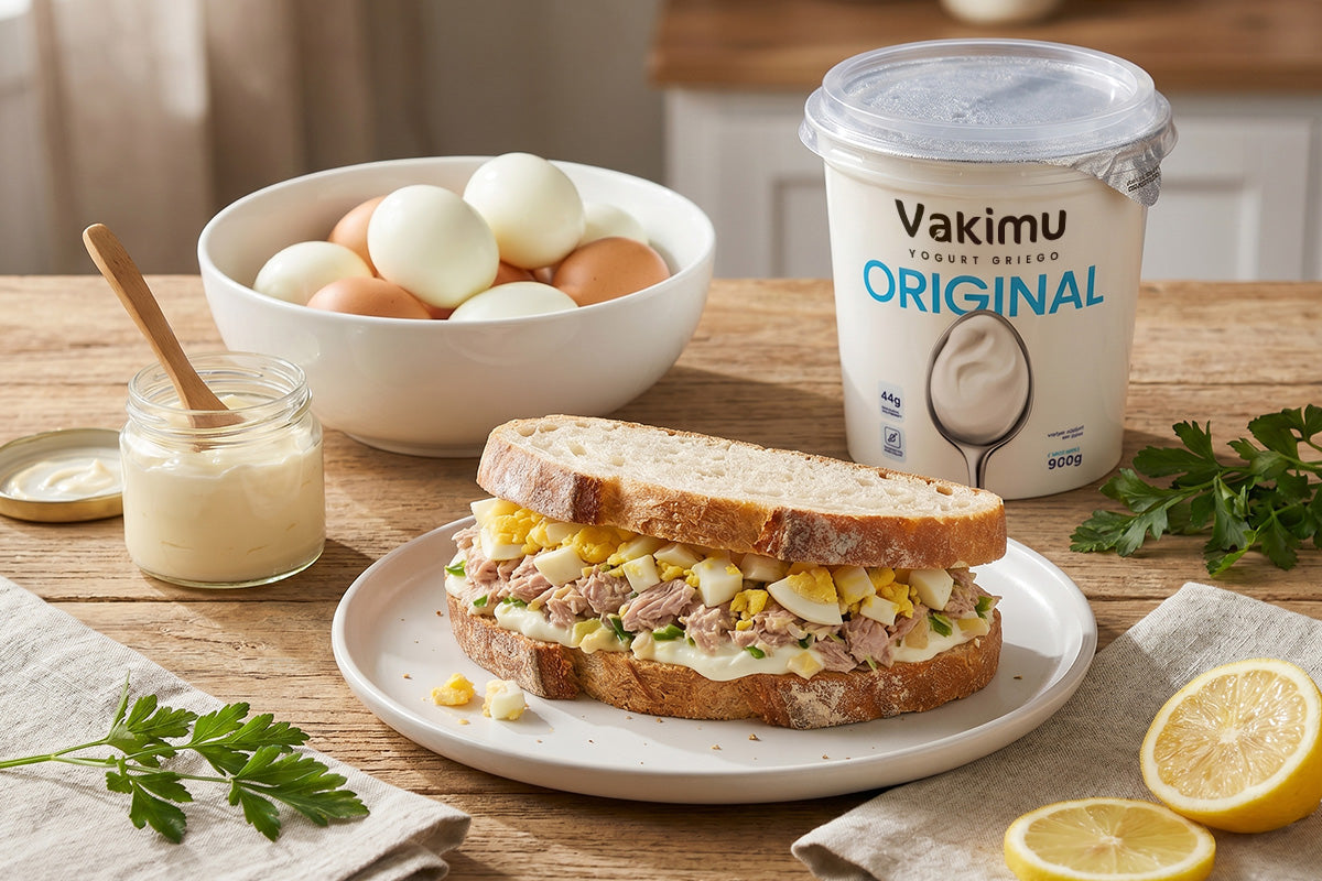 Sandwich de atún y huevo cremoso con yogurt griego